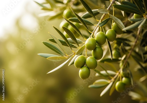 Green olives hanging from olive tree branch with leaves outdoors in nature