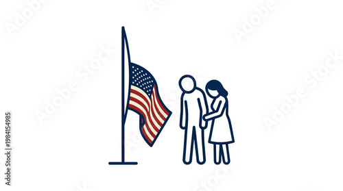 Grieving Couple Beside Lowered American Flag Symbol
