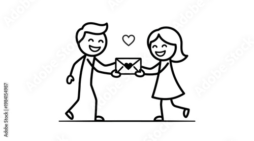 Couple Sharing Love Letter Black and White Stick Figure