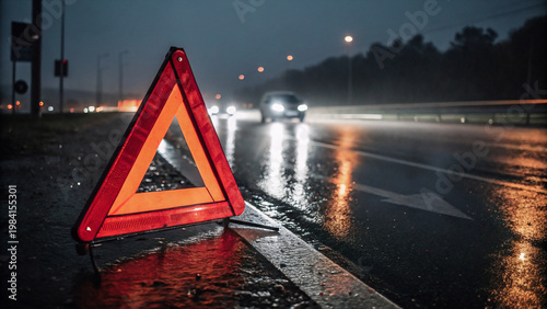 Segitiga peringatan di jalan basah pada malam hari dengan lampu lalu lintas yang buram.
