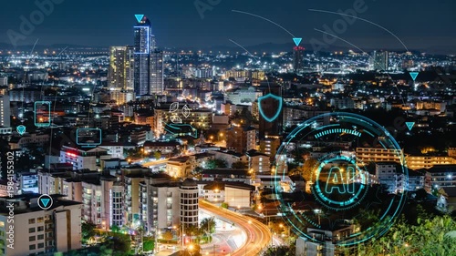 Smart city and tourism industry and the environment with AI technology and sending security encryption line to icons In terms of speed in communication of information