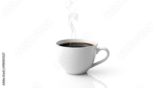 Title: steaming hot coffee in a ceramic mug, keywords: coffee, beverage, steam, black cup, handle, drink, caffeine, morning routine, white liquid, beverage lifestyle, aromatic, simple elegance, minim