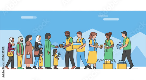 Humanitarian aid workers distribute essential supplies and clean water to diverse communities in need, illustrating global support, compassionate assistance, and collective relief efforts