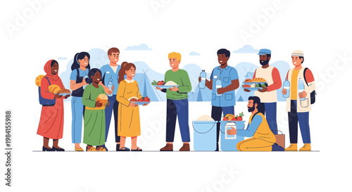 Community volunteers from diverse backgrounds unite to distribute food, water, and essential aid, demonstrating social support and charitable giving through a collective outreach program