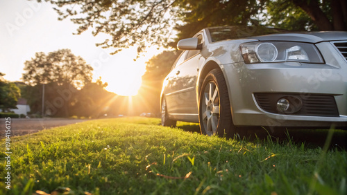 Silver Car Parked on Green Grass with Sunlight Streaming Through Trees.
