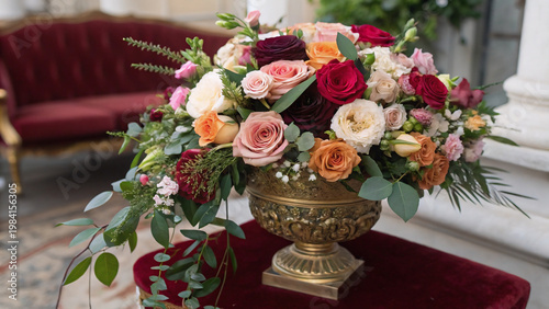 Mawar yang menakjubkan dalam vas emas, seni bunga klasik
