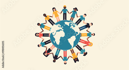 Diverse group of people holding hands around the globe, symbolizing unity and global connection