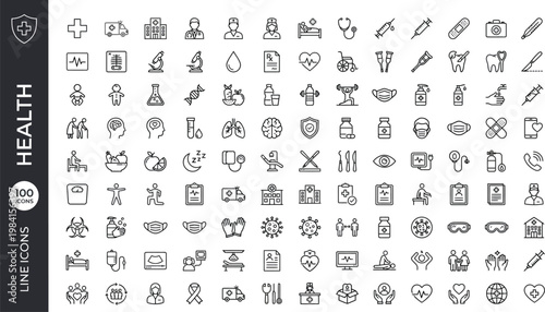 A collection of 100 line icons related to health and wellness on a white background AI, eps, png, jpg. transparent background.