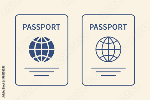Minimal passport icon set with globe symbol line and solid style travel document identification concept flat vector illustration Mediterranean blue palette clean design isolated background