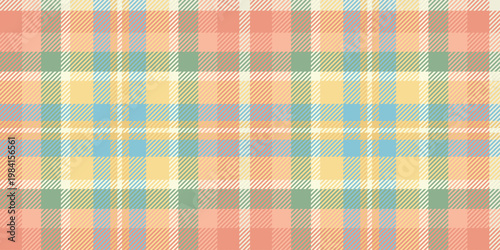 Madras plaid ornament with intersecting stripes in peach and blue shades, geometric background