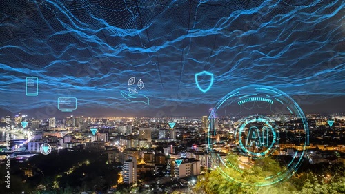 Smart city and tourism industry wide view with AI technology and security encryption icons In terms of speed in communication, sending information and the environment