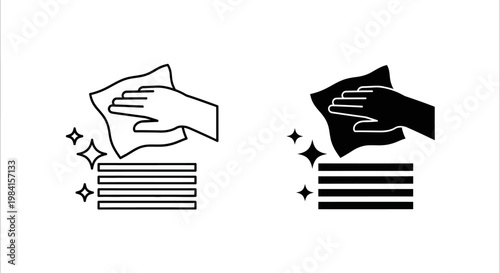 Cleaning Icon Hand Wiping Stacked Items with Sparkles
