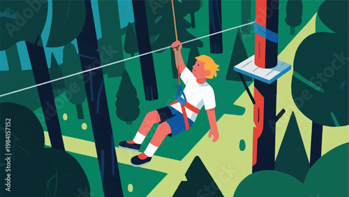 Illustration Of A Man Gliding On A Zipline Above The Forest Vector Design Template