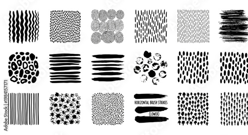 Collection of 20 different black and white textured patterns and grunge brushes for graphic design and creative projects