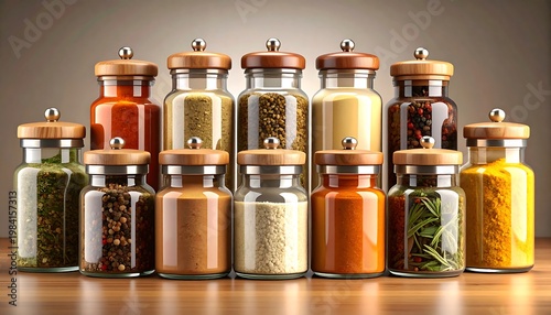 Spices and herbs in glass jars.