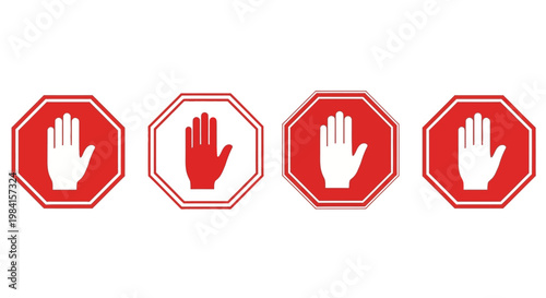 Set of four vector warning stop signs with hand symbols, indicating prohibition, danger, or restricted access. Graphic elements for safety alerts and no entry notifications