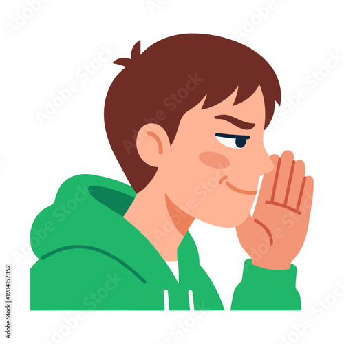 A young man wearing a green hoodie is whispering with his hand.