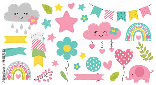Cute Rainbows, Clouds, Stars, Flowers, and Balloons Clipart for Baby Showers and Parties