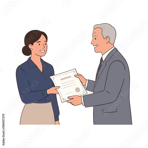 A woman receives a certificate from a man in a formal setting.