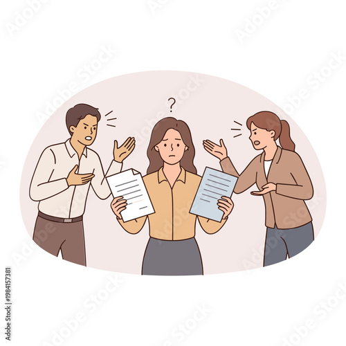 Three coworkers discuss documents in confusion at office