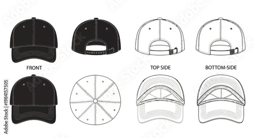 Blank Baseball Cap Vector Template with Detailed Views, Perfect for Apparel Mockups, Custom Branding, and Product Design Projects
