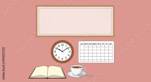 Cozy Workspace for Daily Planning and Relaxation Essentials for a Productive Routine with Coffee, Book, and Calendar