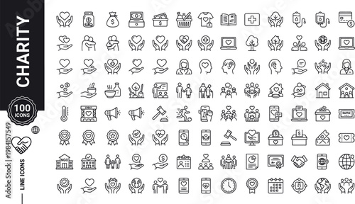 A collection of line icons representing various charity and donation concepts on a white background. AI, eps, png, jpg. transparent background.