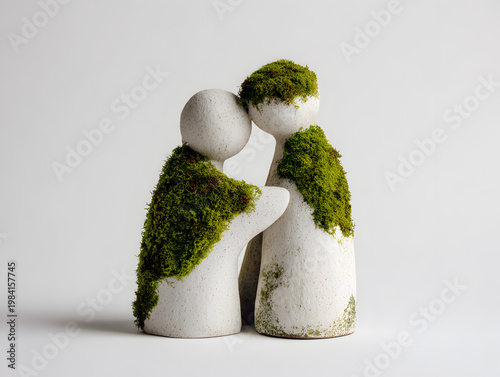 Modern art sculpture of two figures with moss displaying love in an indoor setting during daylight