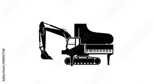 A black silhouette of an excavator with a piano.