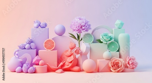 A vibrant and colorful arrangement of pastel-colored objects, including flowers, fruits, 