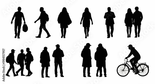 Large collection of black human silhouettes showing men and women walking, standing, talking, and riding a bicycle, including commuters with backpacks and urban pedestrians.