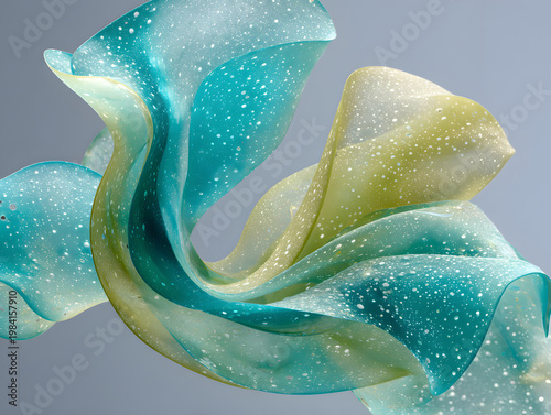 Colorful fabric with water droplets floating in the air under studio lighting during a creative art session