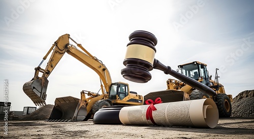 Wallpaper Mural Heavy machinery alongside legal gavel and document, suggesting construction law Torontodigital.ca