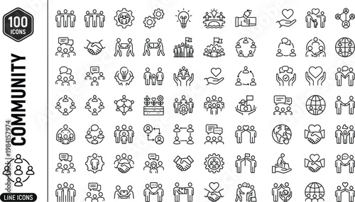 A collection of line icons depicting various community and social concepts. AI, eps, png, jpg. transparent background.