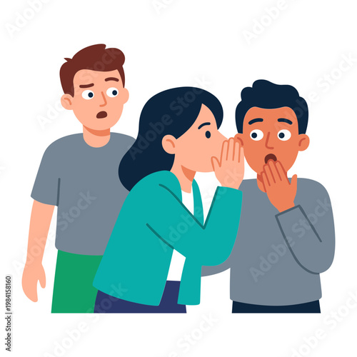 Woman whispers secret to surprised man as another man looks on in shock