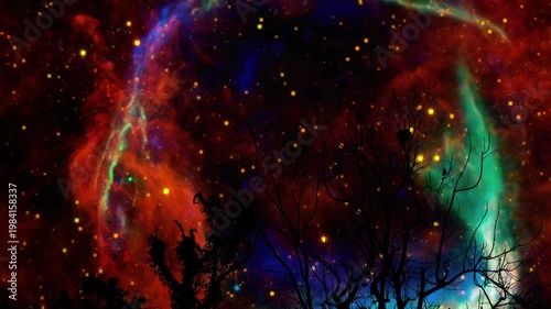 Cosmic Nebula with Vibrant Colors and Silhouette of Trees Against Night Sky