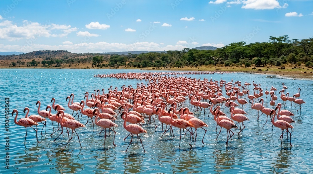 Fototapeta premium Flock of Flamingos Standing Gracefully in Scenic Lake with Clear Blue Water and Greenery