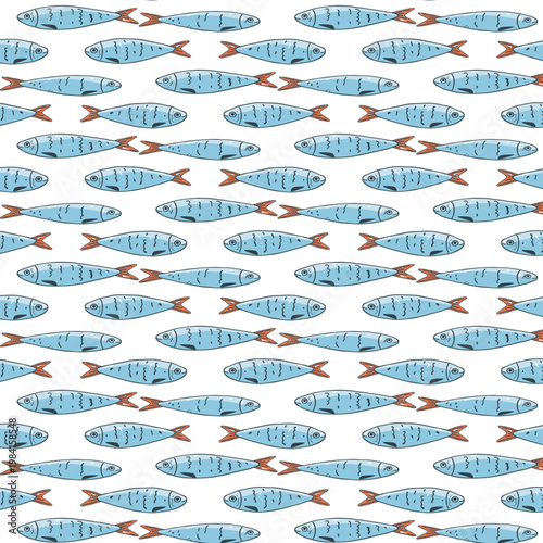 Sardines Fish Seamless Pattern with Blue Sardines on White Background. Hand drawn vector illustrations