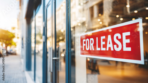 Storefront window displaying a red FOR LEASE sign, indicating available commercial property for business rental
