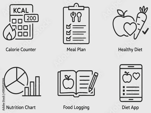 Print  Flat Minimal Food and Nutrition Tracking Icons Set – Calorie Counter, Meal Plan, Healthy Diet, Nutrition Chart, Food Logging, Diet App, Clean White Background Vector Collection