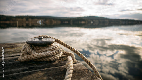 Thick rope wound around a weathered metal cleat, securing on a rustic wooden dock by a calm lake with reflections