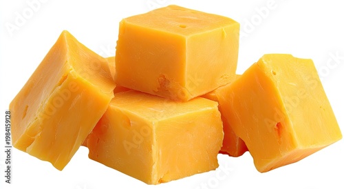 Pile of vibrant yellow cheese cubes, neatly cut, on a white background
