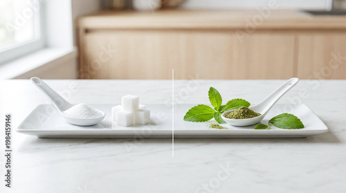 White sugar and cubes on one side compared with stevia powder and fresh leaves on the other, illustrating natural sugar substitute concept.