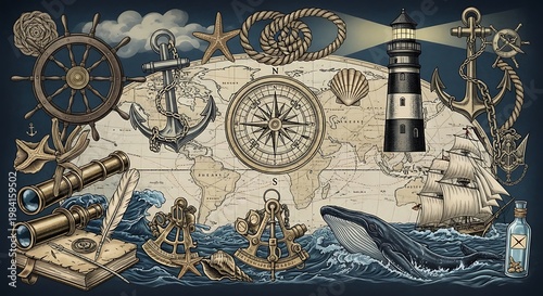 Illustration of nautical elements including a map, ship, compass, lighthouse & marine life