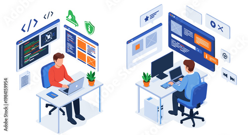 Vector illustration of two programmers coding at colorful dual-monitor desks in modern tech office