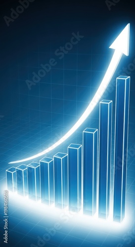 A glowing 3D bar graph with ascending blue bars and an upward arrow, symbolizing growth and increasing success on a dark grid background.