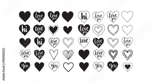 Collection of heart shapes with love you and hi text symbols on white background vector illustration.