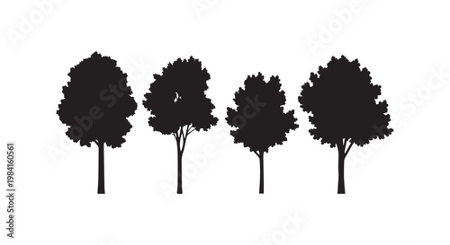 Set of four stylized black tree silhouettes in a row against white background, natural outdoor landscape design elements.