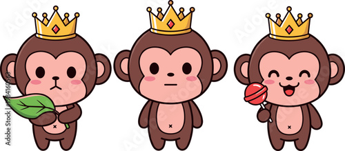 Cute monkey king characters set with crown holding leaf and candy in kawaii cartoon style isolated vector illustration