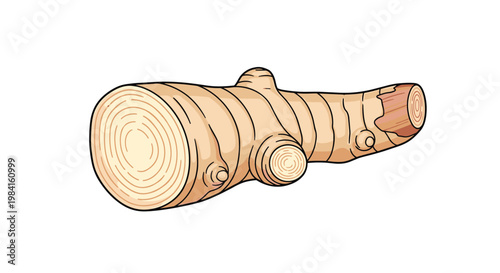 A robust piece of ginger root, half-sliced to reveal its fibrous, pale yellow interior and concentric rings, a staple spice and herb.